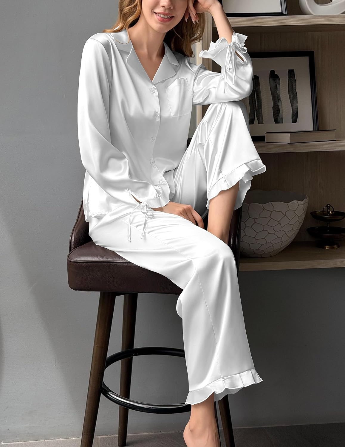 image:imageEkouaer Satin Pajamas for Women Silky Long Sleeve Button Down Pajama SetsWhite