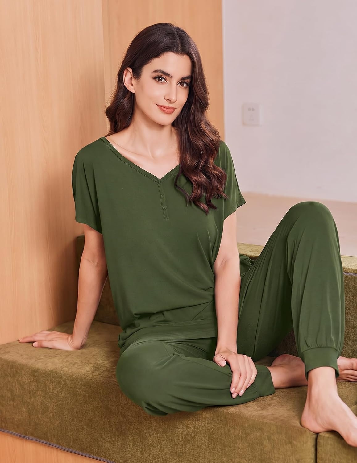 image:imageEkouaer Viscose from Bamboo Womens Pajama Sets Super Soft Short Sleeve Button Top and Pants Pj Sleepwear Sets SXXLArmy Green