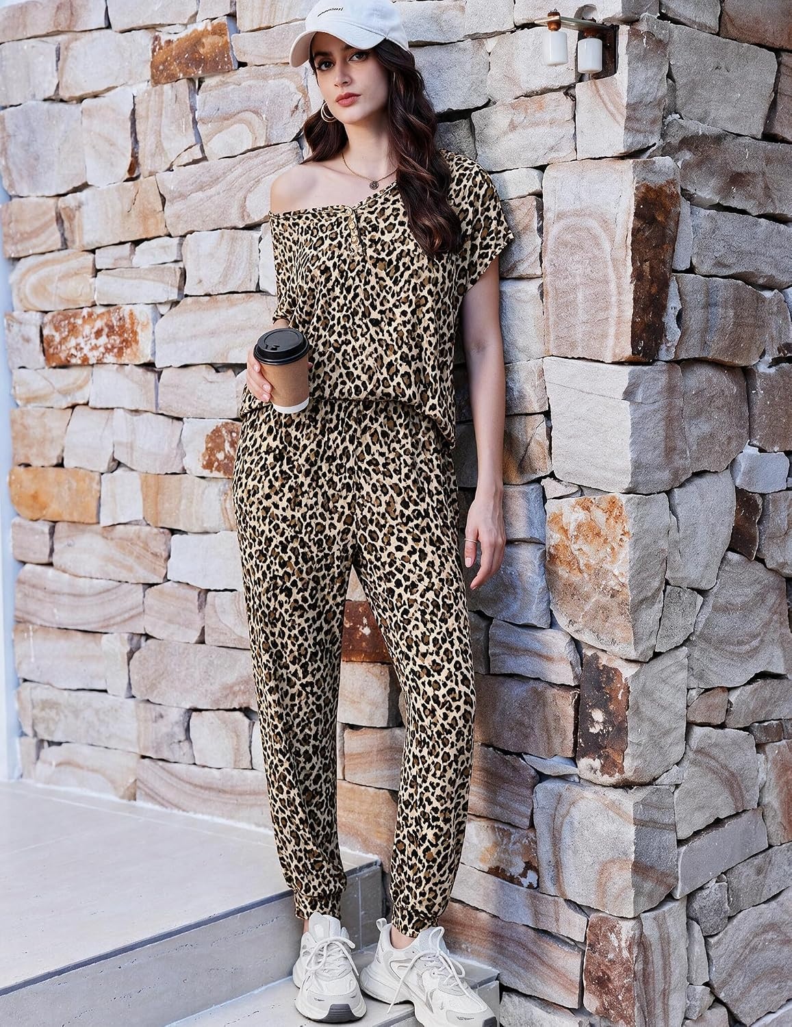 image:imageEkouaer Viscose from Bamboo Womens Pajama Sets Super Soft Short Sleeve Button Top and Pants Pj Sleepwear Sets SXXLBrown Leopard