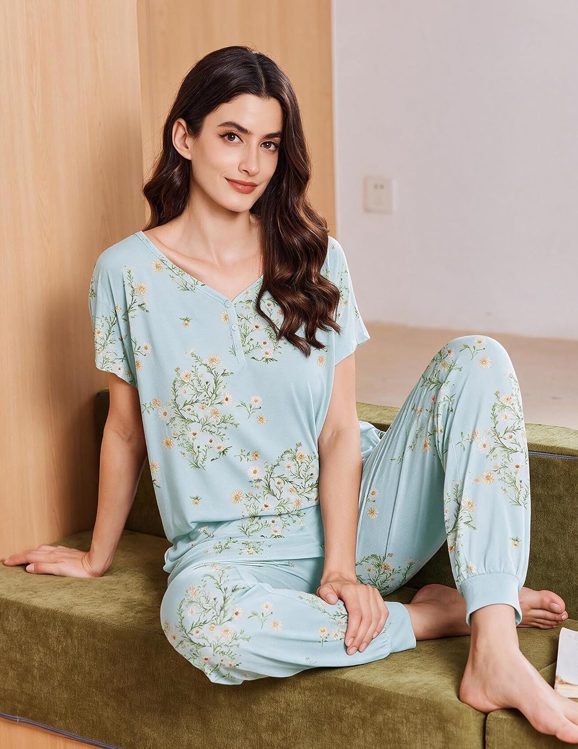 image:imageEkouaer Viscose from Bamboo Womens Pajama Sets Super Soft Short Sleeve Button Top and Pants Pj Sleepwear Sets SXXLDaisy Bouquet