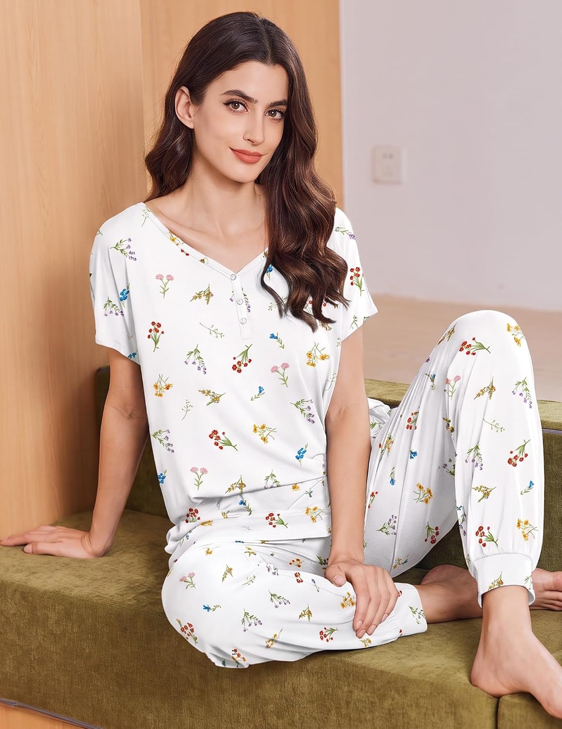image:imageEkouaer Viscose from Bamboo Womens Pajama Sets Super Soft Short Sleeve Button Top and Pants Pj Sleepwear Sets SXXLDaisy White Floral