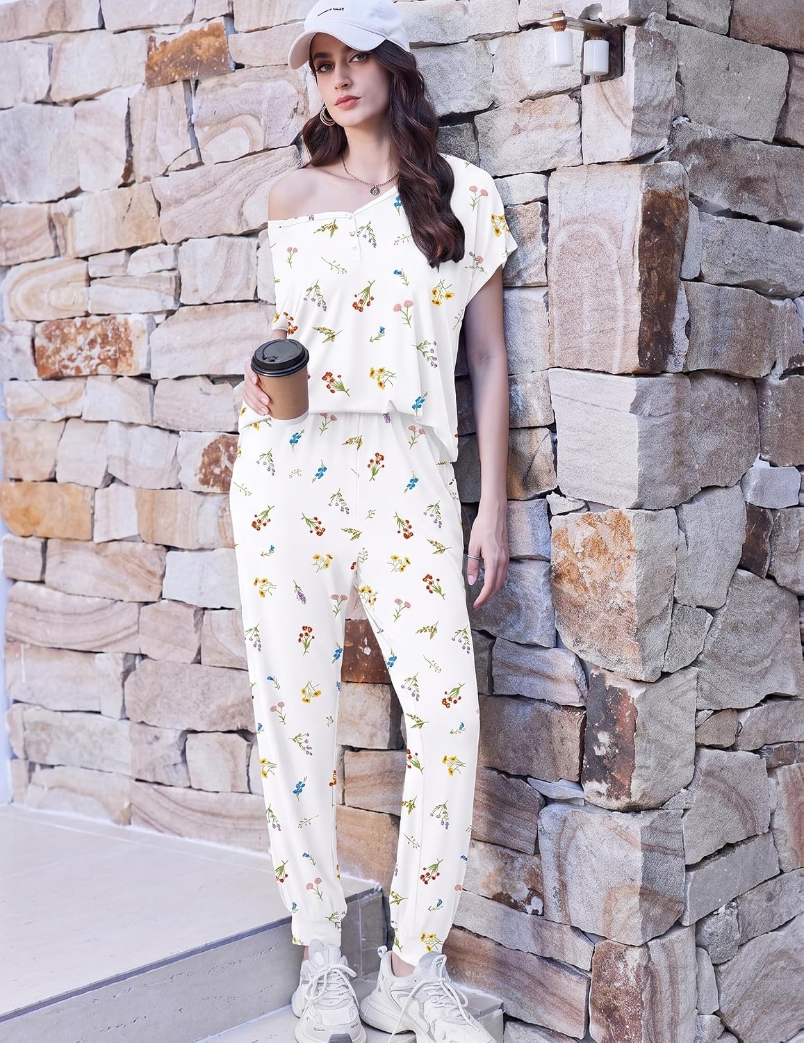 image:imageEkouaer Viscose from Bamboo Womens Pajama Sets Super Soft Short Sleeve Button Top and Pants Pj Sleepwear Sets SXXLDaisy White Floral