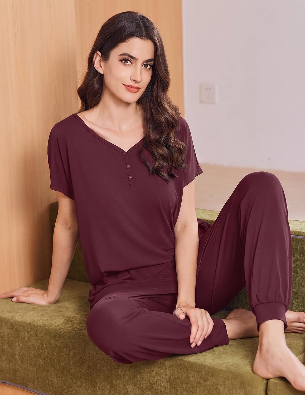 image:imageEkouaer Viscose from Bamboo Womens Pajama Sets Super Soft Short Sleeve Button Top and Pants Pj Sleepwear Sets SXXLDeep Red