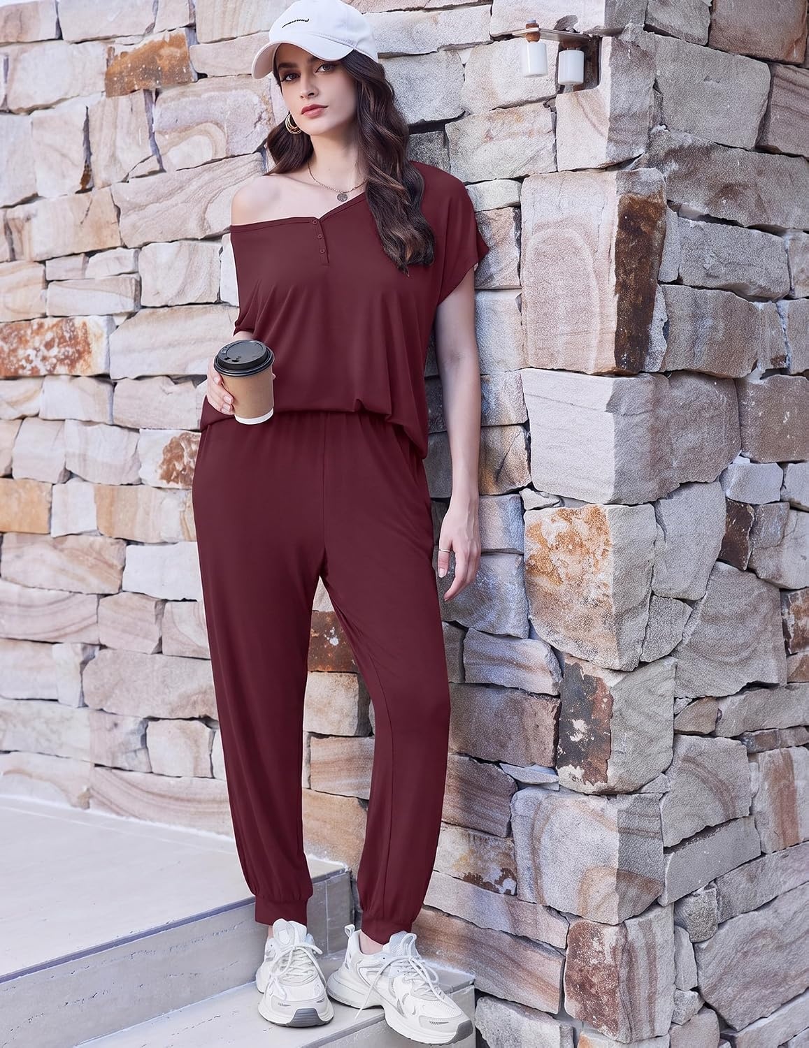 image:imageEkouaer Viscose from Bamboo Womens Pajama Sets Super Soft Short Sleeve Button Top and Pants Pj Sleepwear Sets SXXLDeep Red
