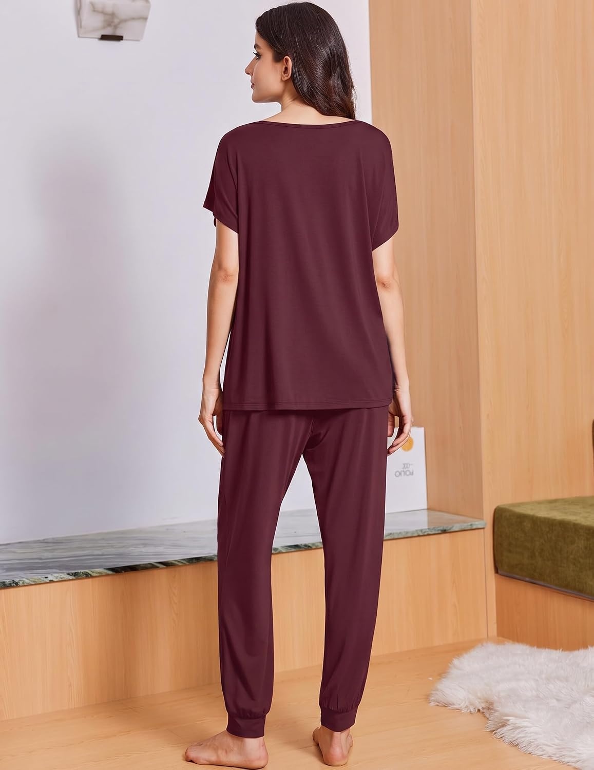 image:imageEkouaer Viscose from Bamboo Womens Pajama Sets Super Soft Short Sleeve Button Top and Pants Pj Sleepwear Sets SXXLDeep Red