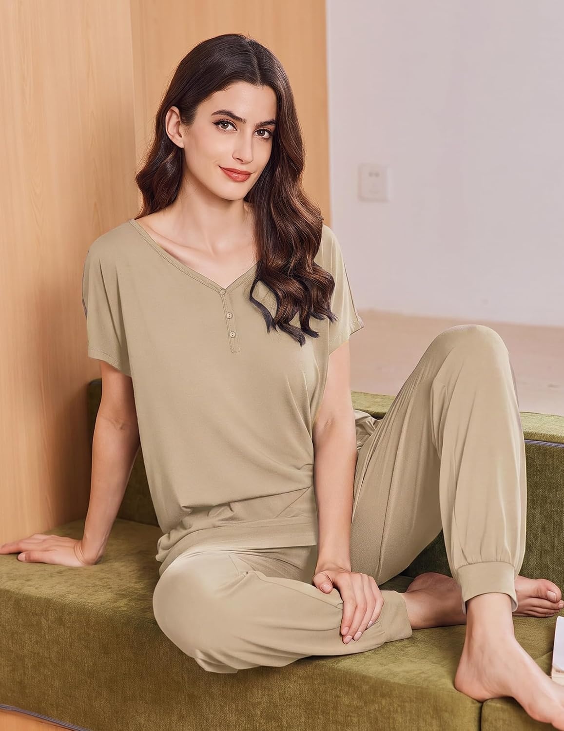 image:imageEkouaer Viscose from Bamboo Womens Pajama Sets Super Soft Short Sleeve Button Top and Pants Pj Sleepwear Sets SXXLKhaki