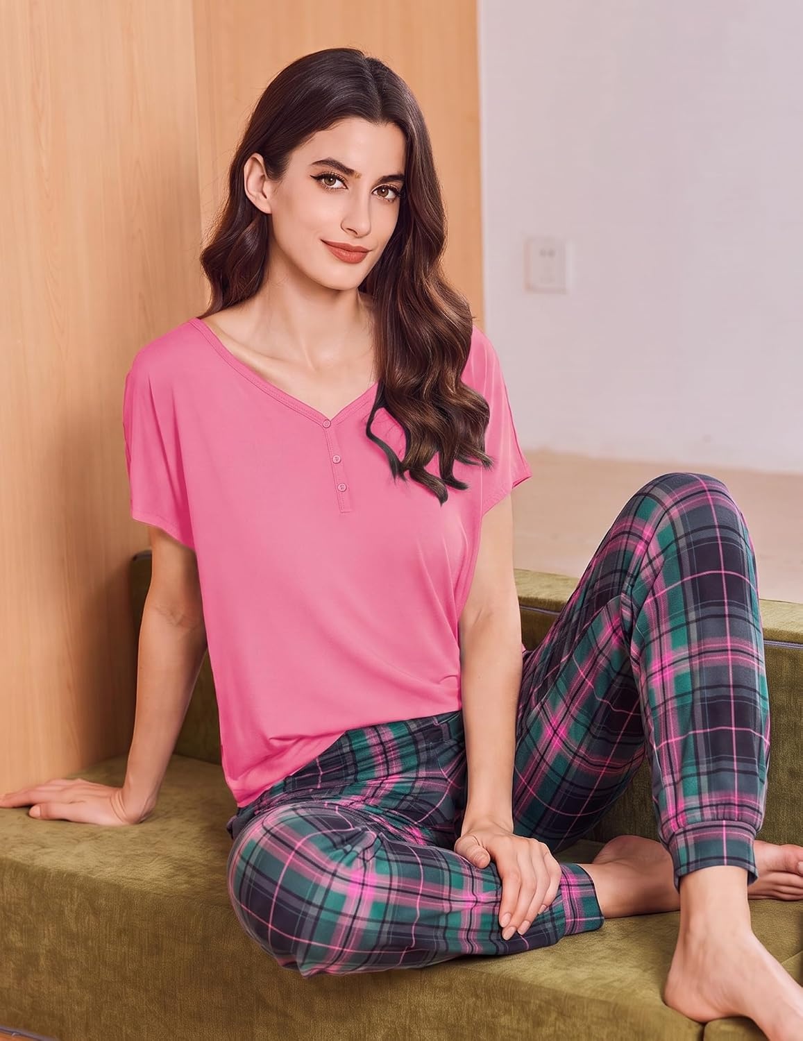 image:imageEkouaer Viscose from Bamboo Womens Pajama Sets Super Soft Short Sleeve Button Top and Pants Pj Sleepwear Sets SXXLPink Plaid