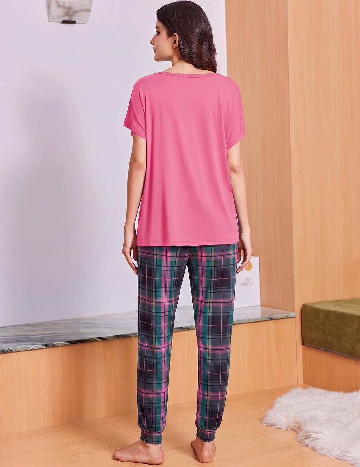 image:imageEkouaer Viscose from Bamboo Womens Pajama Sets Super Soft Short Sleeve Button Top and Pants Pj Sleepwear Sets SXXLPink Plaid