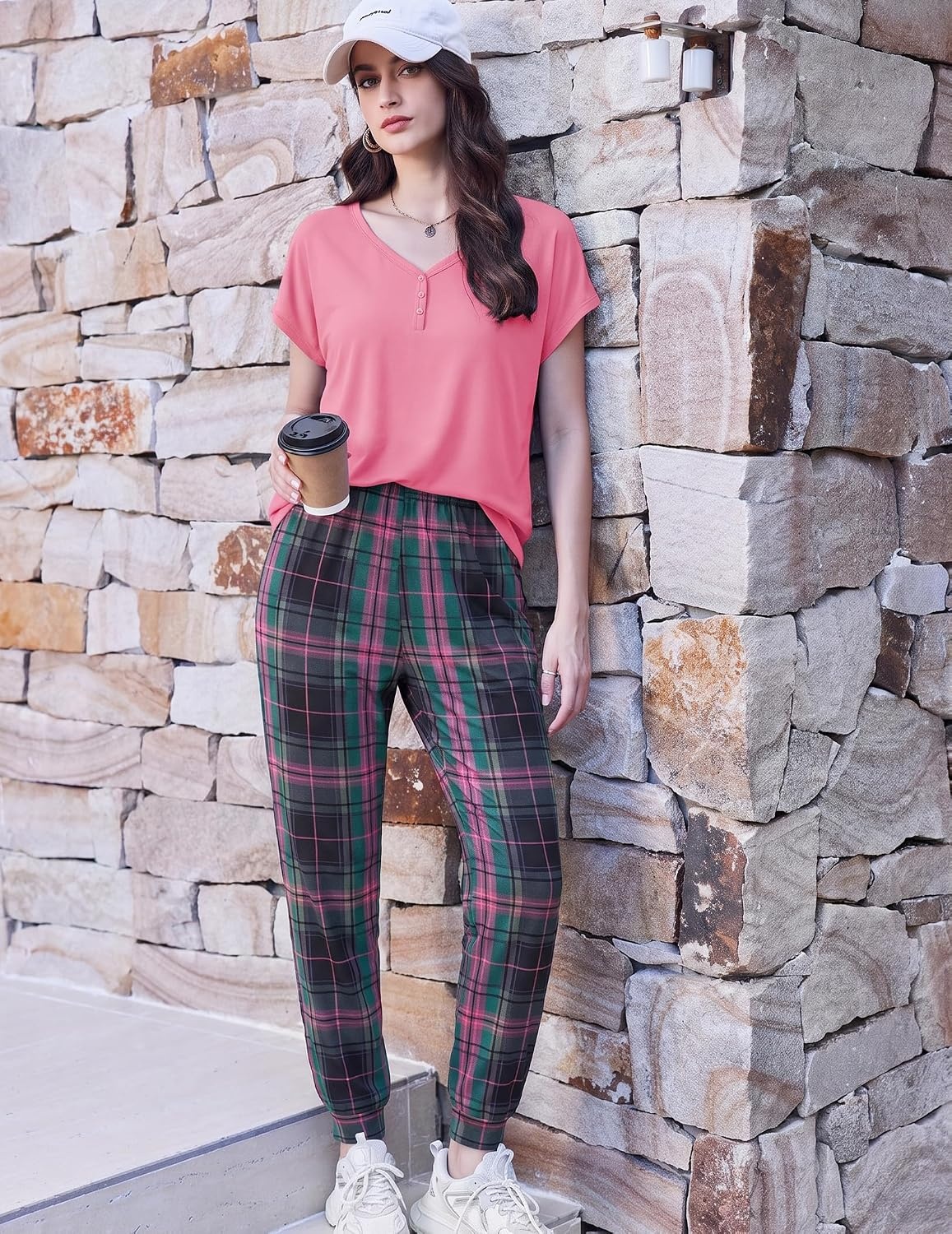 image:imageEkouaer Viscose from Bamboo Womens Pajama Sets Super Soft Short Sleeve Button Top and Pants Pj Sleepwear Sets SXXLPink Plaid