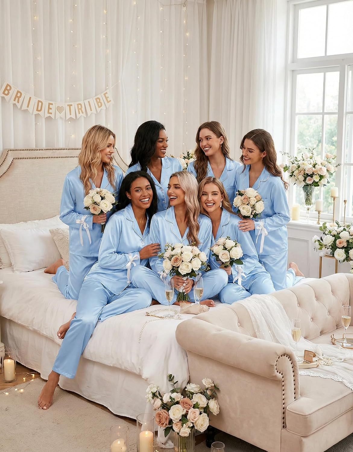 image:imageEkouaer Women Classic Button Down Long Satin Pajamas Set Cute Bow SleepwearBaby Blue