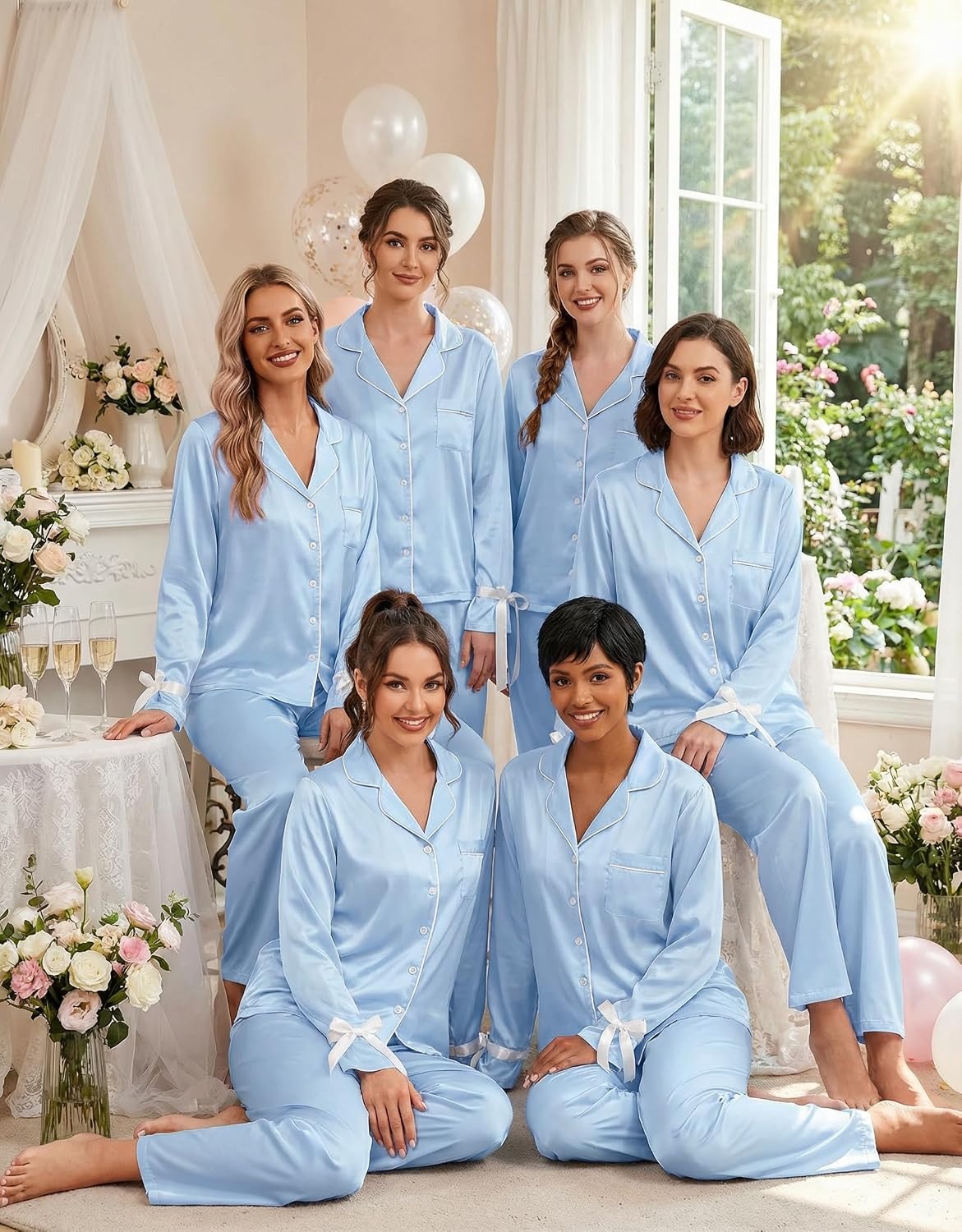 image:imageEkouaer Women Classic Button Down Long Satin Pajamas Set Cute Bow SleepwearBaby Blue