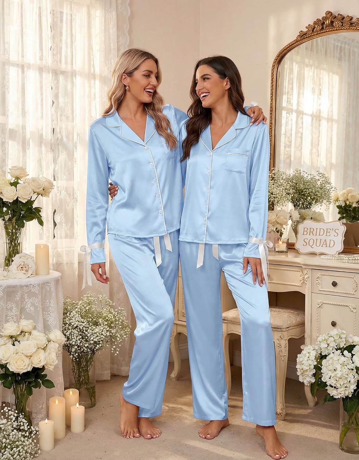 image:imageEkouaer Women Classic Button Down Long Satin Pajamas Set Cute Bow SleepwearBaby Blue