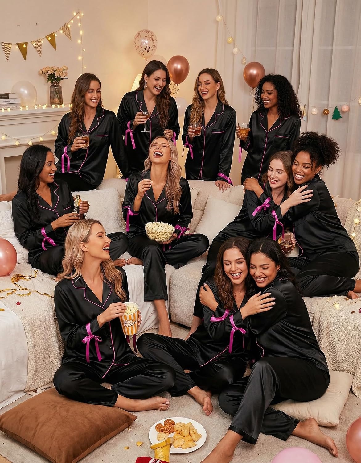 image:imageEkouaer Women Classic Button Down Long Satin Pajamas Set Cute Bow SleepwearBlack