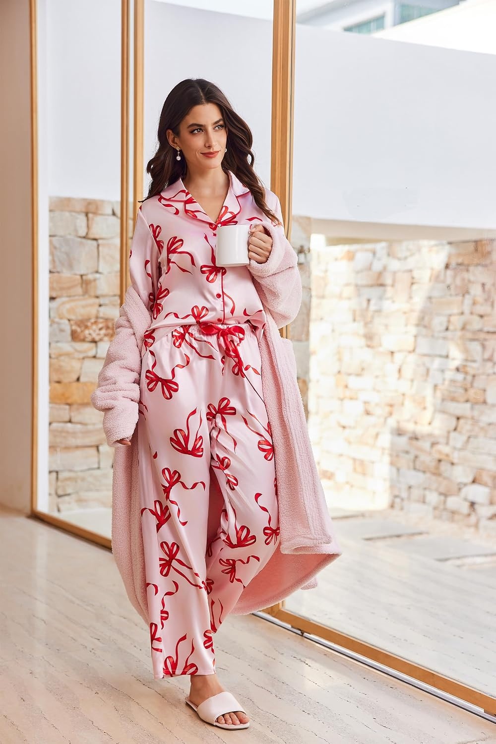 image:imageEkouaer Women Classic Button Down Long Satin Pajamas Set Cute Bow SleepwearBow Ties