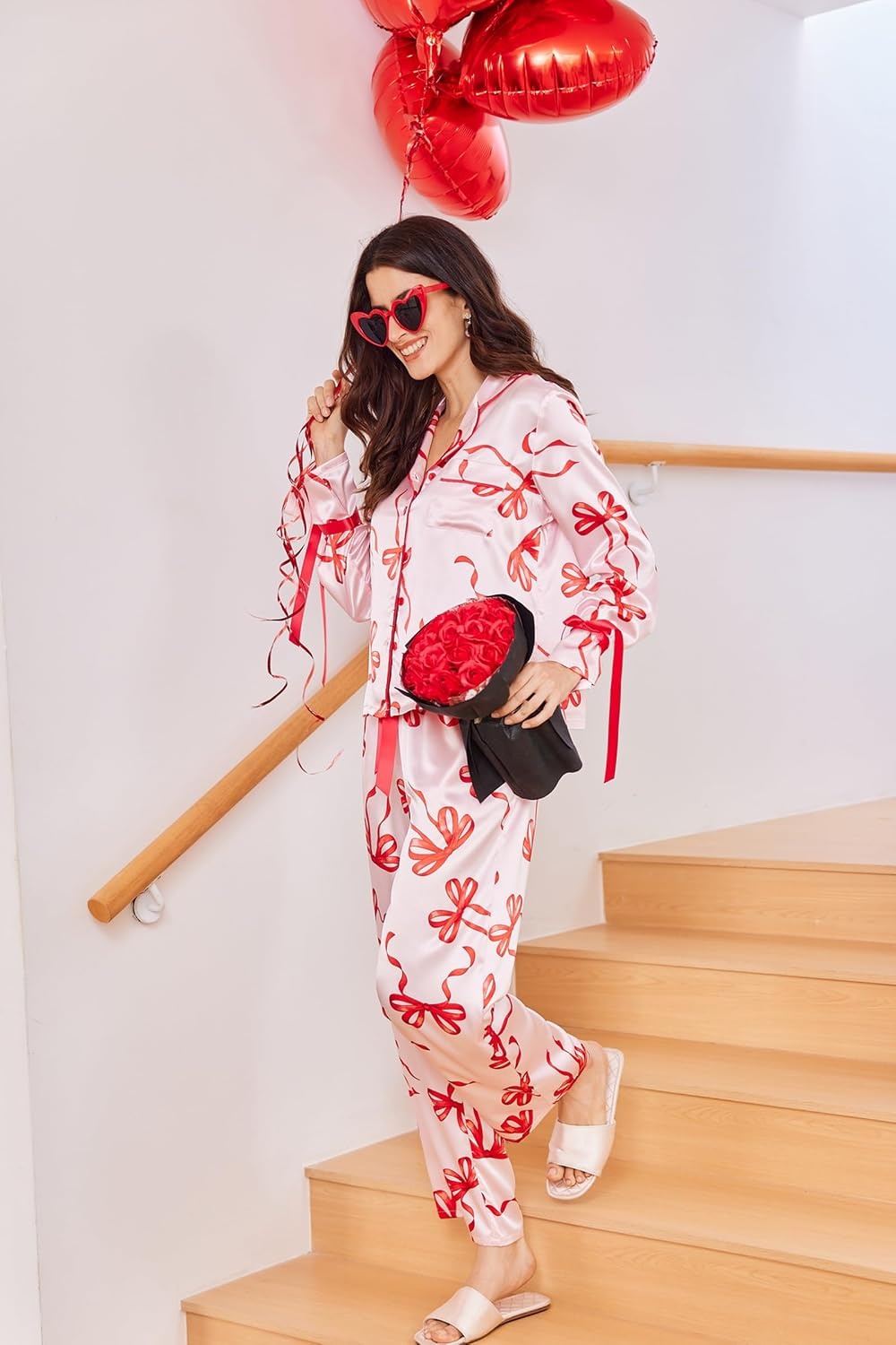 image:imageEkouaer Women Classic Button Down Long Satin Pajamas Set Cute Bow SleepwearBow Ties