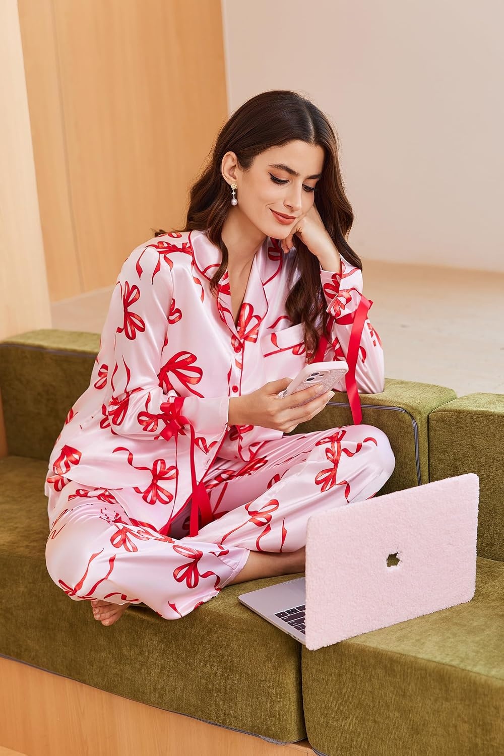 image:imageEkouaer Women Classic Button Down Long Satin Pajamas Set Cute Bow SleepwearBow Ties