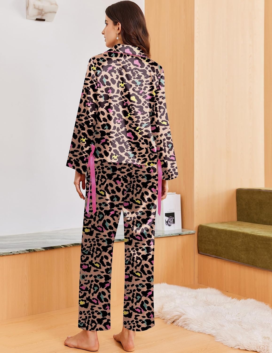 image:imageEkouaer Women Classic Button Down Long Satin Pajamas Set Cute Bow SleepwearBrown Leopard