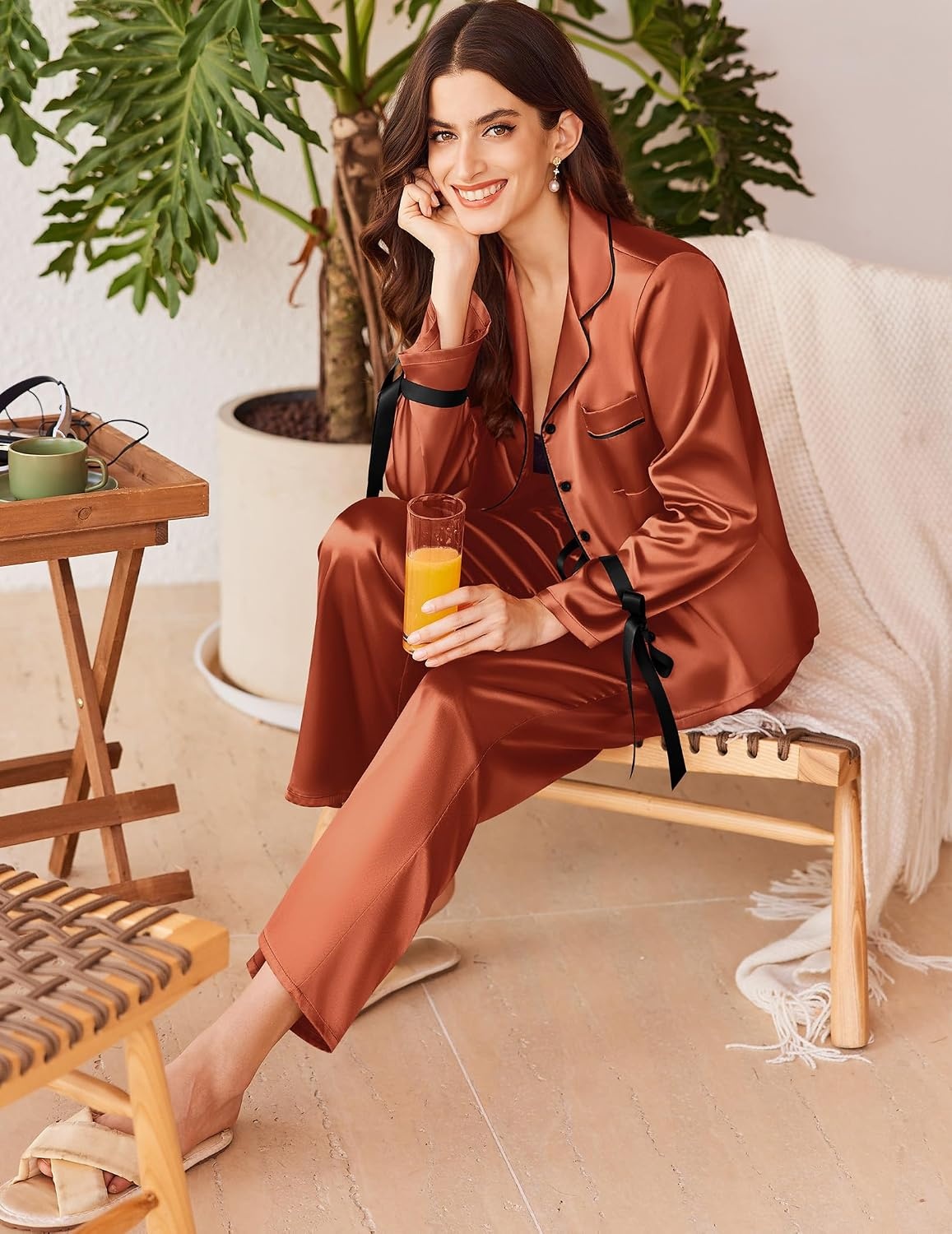 image:imageEkouaer Women Classic Button Down Long Satin Pajamas Set Cute Bow SleepwearCaramel