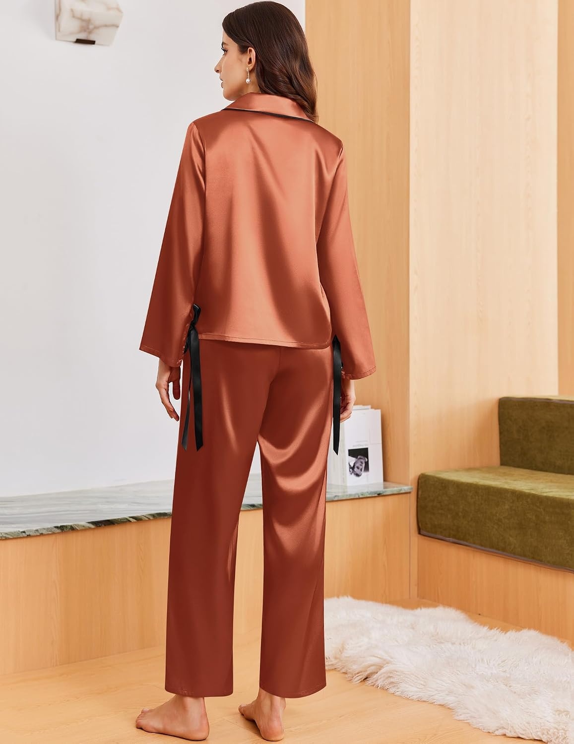image:imageEkouaer Women Classic Button Down Long Satin Pajamas Set Cute Bow SleepwearCaramel
