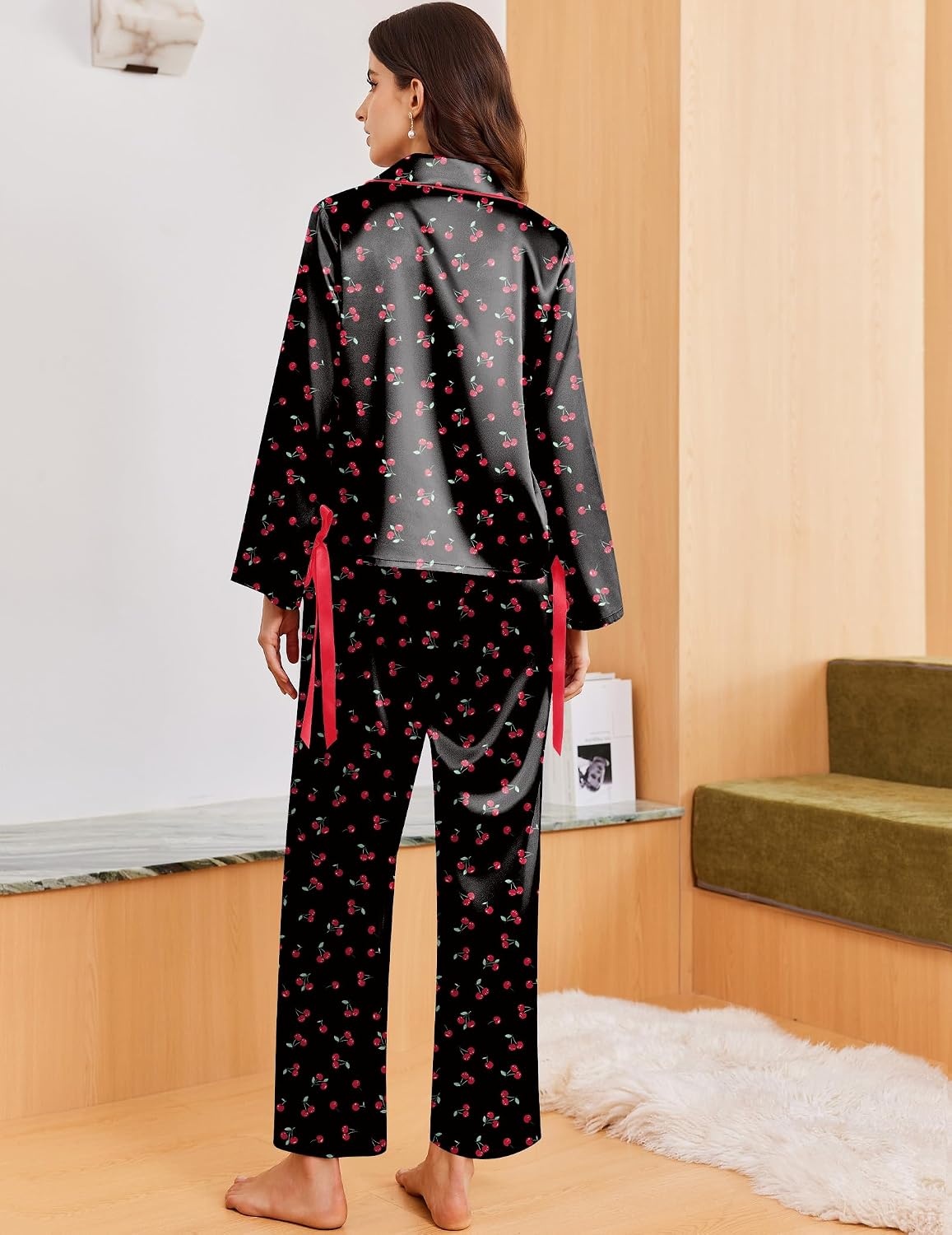 image:imageEkouaer Women Classic Button Down Long Satin Pajamas Set Cute Bow SleepwearCherry