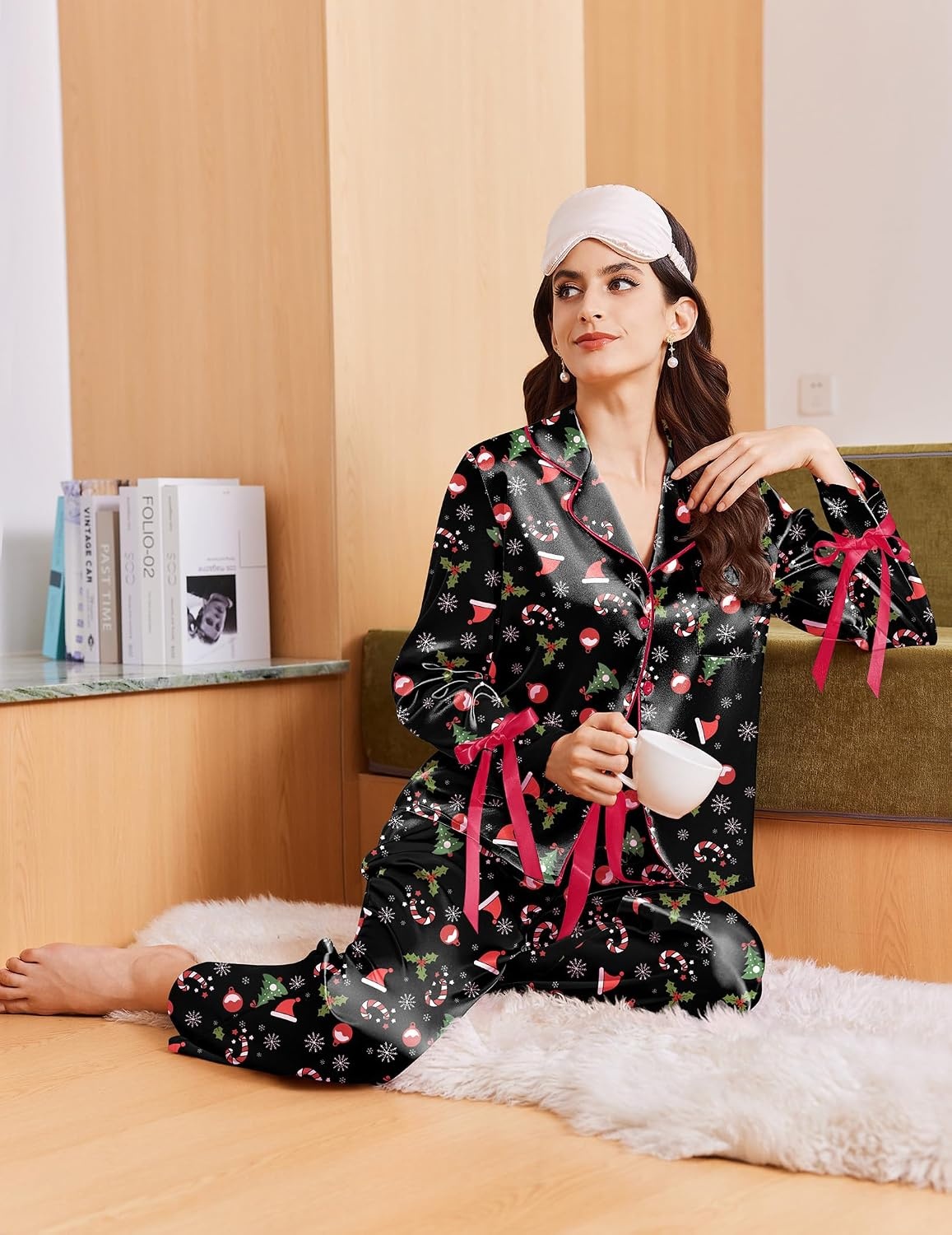 image:imageEkouaer Women Classic Button Down Long Satin Pajamas Set Cute Bow SleepwearChristmas Tree