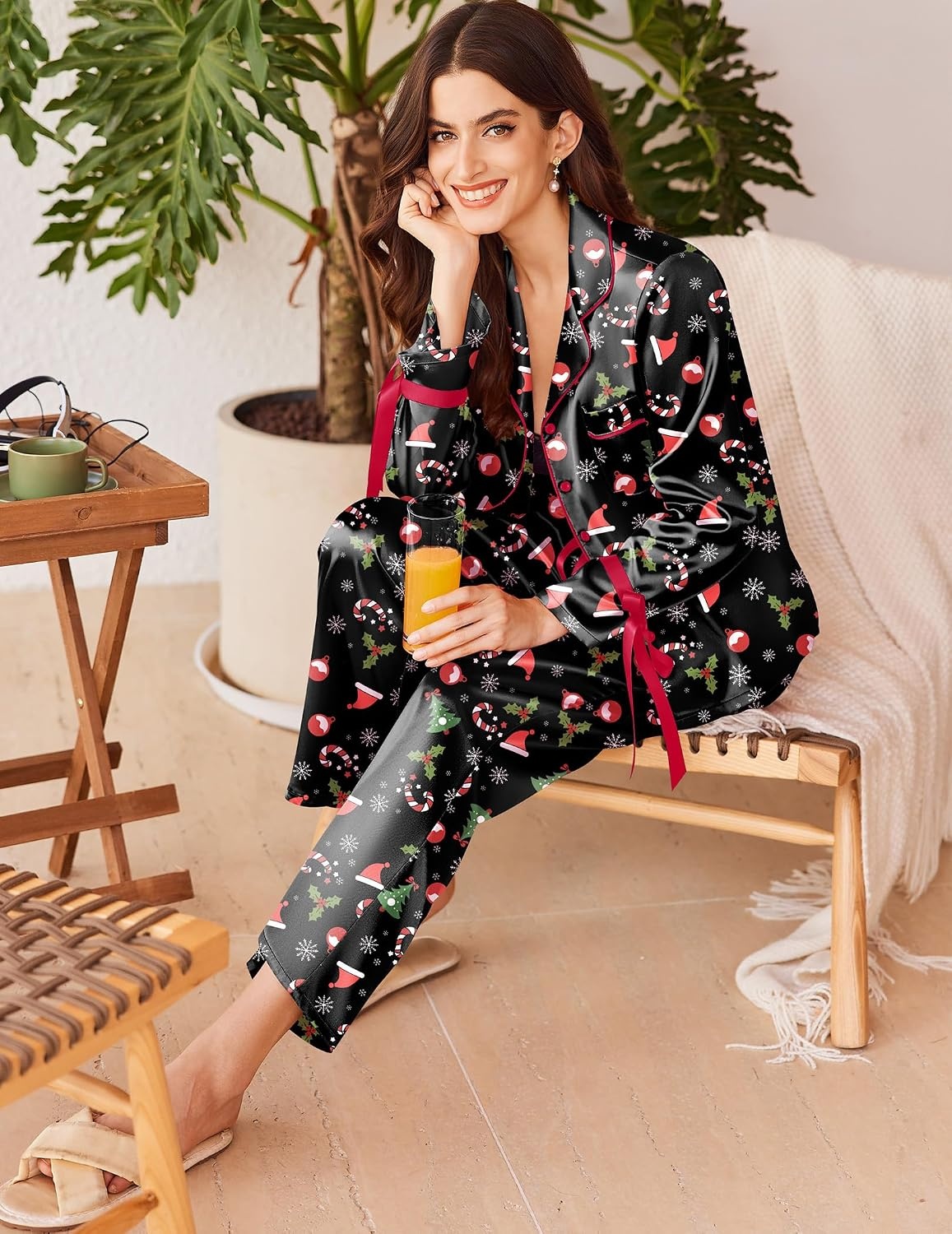 image:imageEkouaer Women Classic Button Down Long Satin Pajamas Set Cute Bow SleepwearChristmas Tree