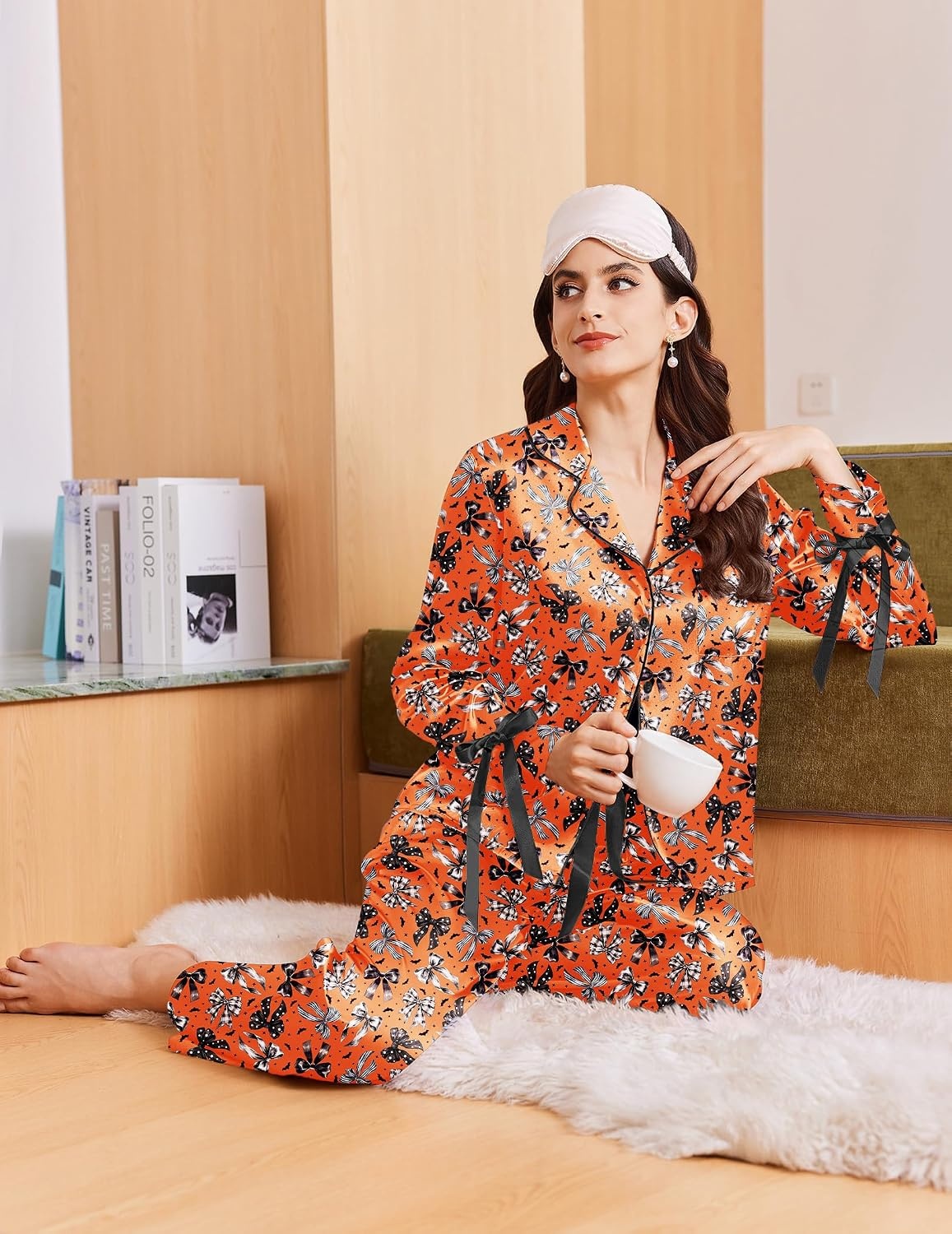 image:imageEkouaer Women Classic Button Down Long Satin Pajamas Set Cute Bow SleepwearHalloween Bows