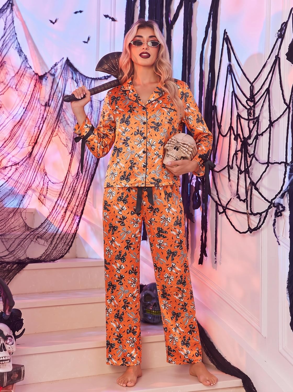 image:imageEkouaer Women Classic Button Down Long Satin Pajamas Set Cute Bow SleepwearHalloween Bows