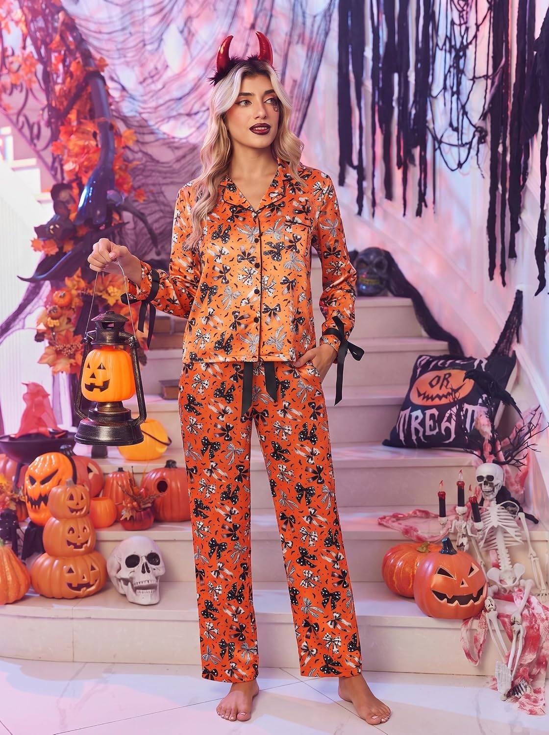 image:imageEkouaer Women Classic Button Down Long Satin Pajamas Set Cute Bow SleepwearHalloween Bows