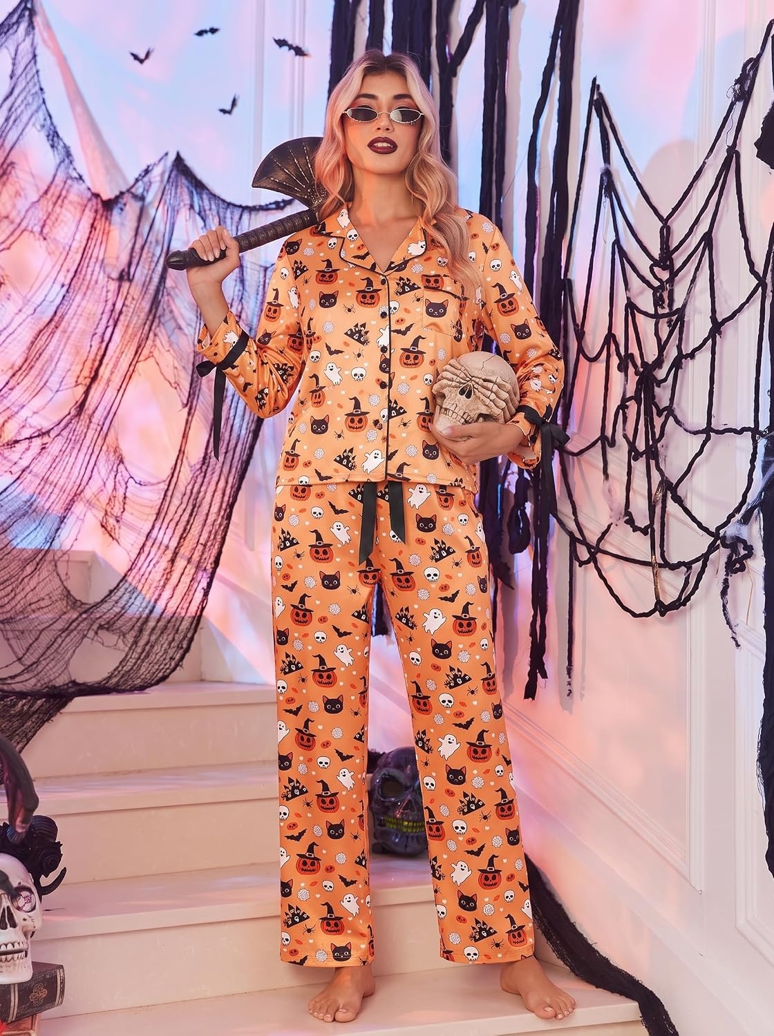 image:imageEkouaer Women Classic Button Down Long Satin Pajamas Set Cute Bow SleepwearHalloween Pumpkin