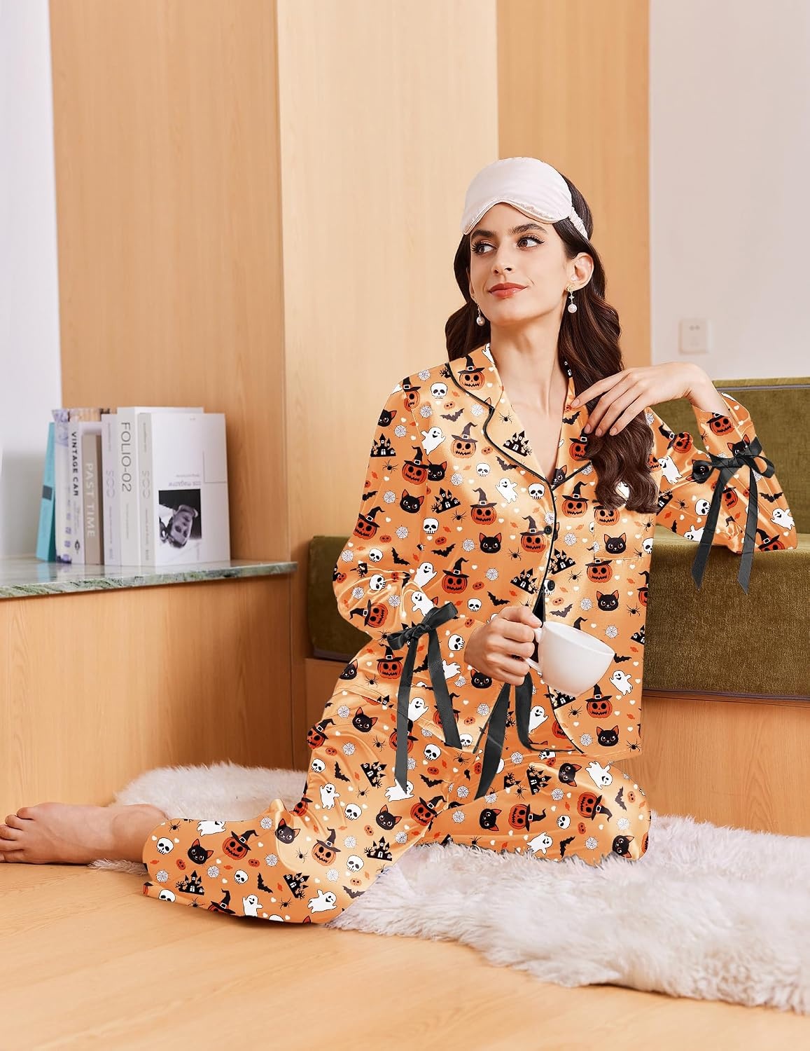 image:imageEkouaer Women Classic Button Down Long Satin Pajamas Set Cute Bow SleepwearHalloween Pumpkin