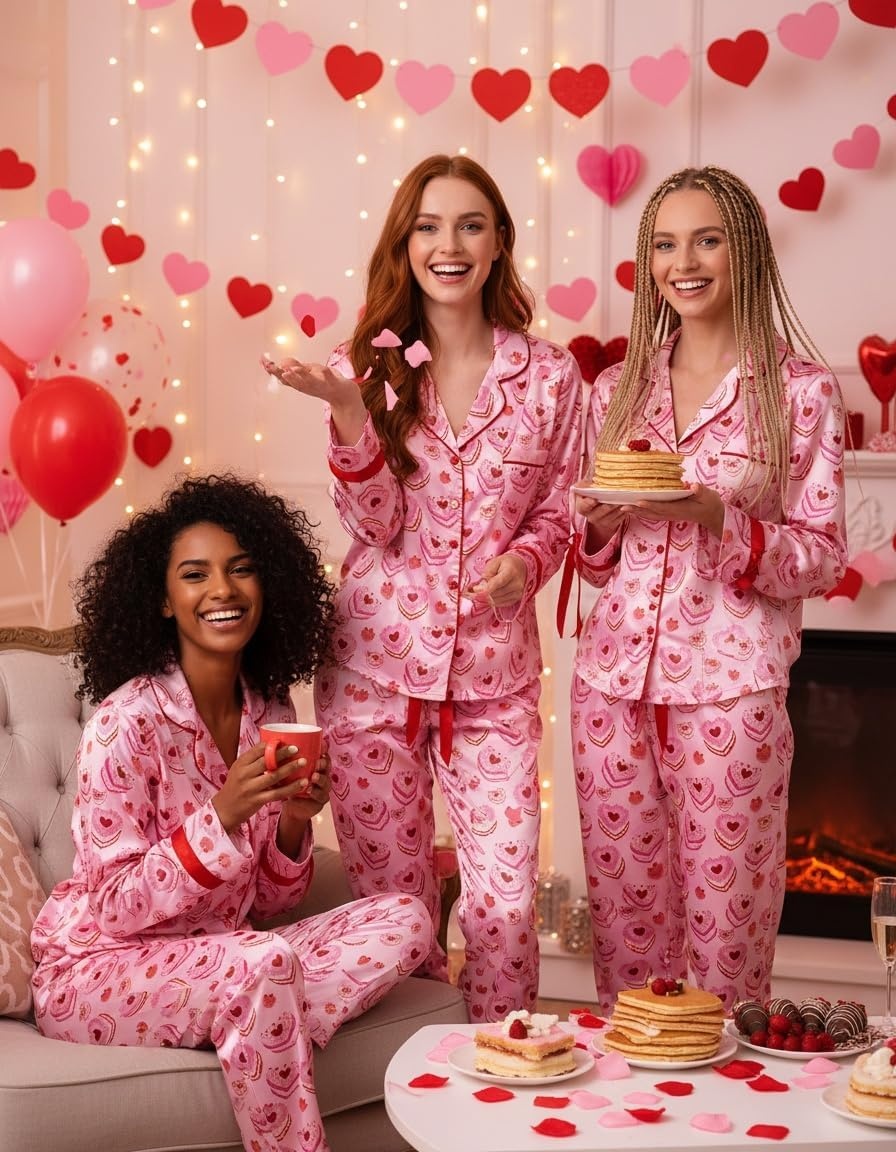 image:imageEkouaer Women Classic Button Down Long Satin Pajamas Set Cute Bow SleepwearLove Cake