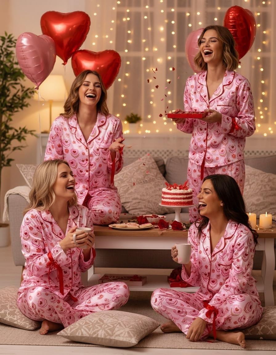image:imageEkouaer Women Classic Button Down Long Satin Pajamas Set Cute Bow SleepwearLove Cake