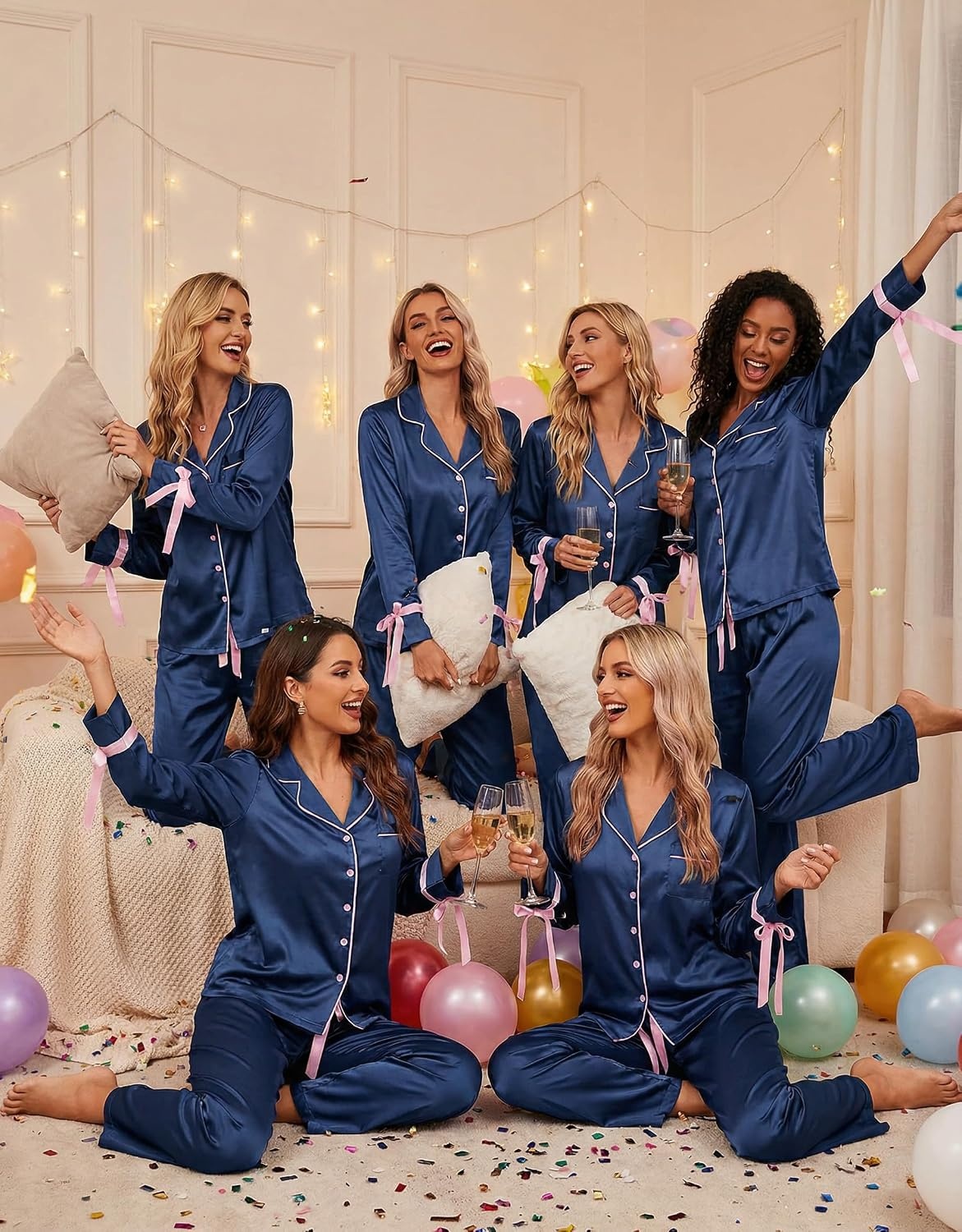 image:imageEkouaer Women Classic Button Down Long Satin Pajamas Set Cute Bow SleepwearMidnight Blue