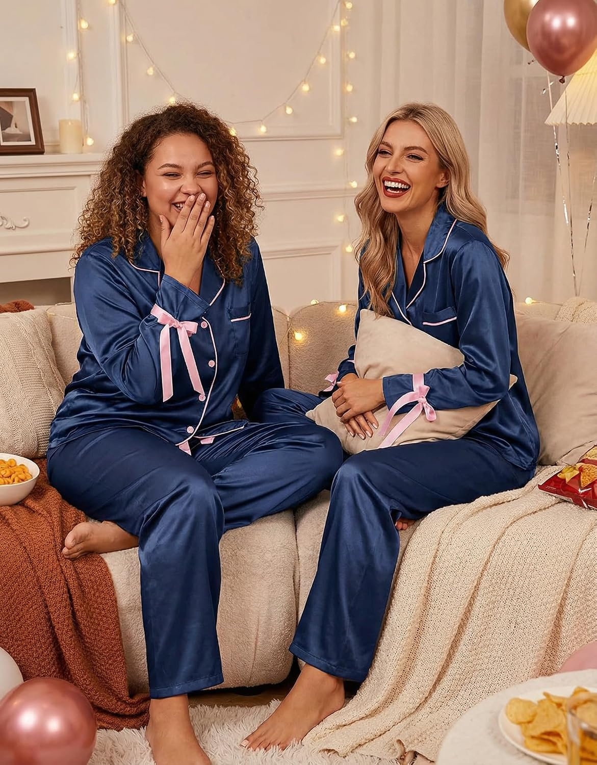 image:imageEkouaer Women Classic Button Down Long Satin Pajamas Set Cute Bow SleepwearMidnight Blue