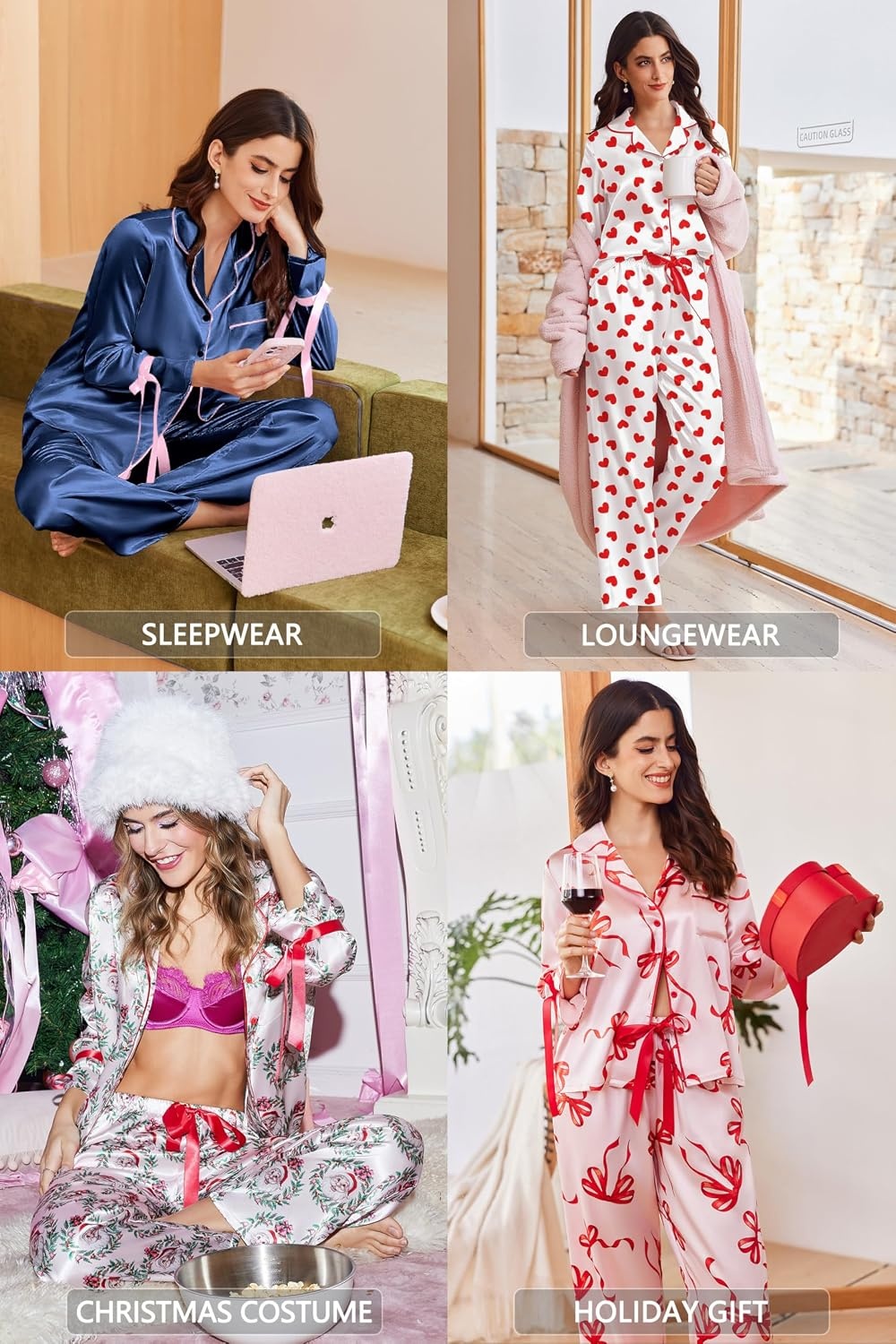 image:imageEkouaer Women Classic Button Down Long Satin Pajamas Set Cute Bow SleepwearMidnight Blue