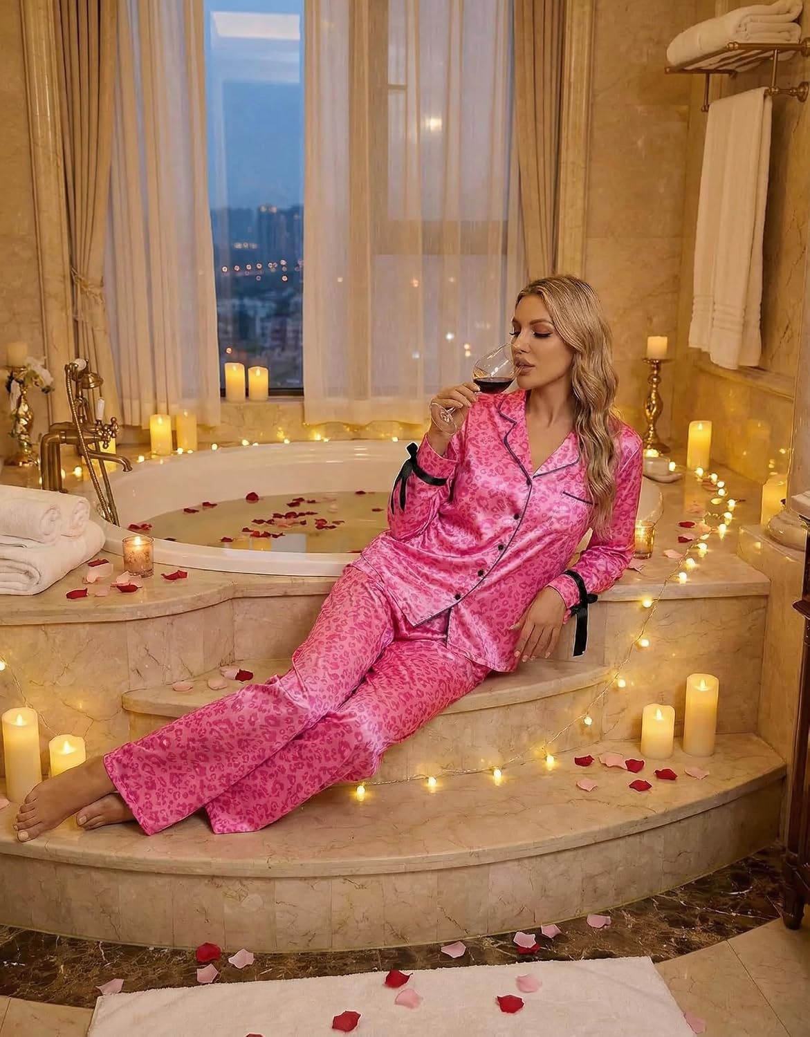 image:imageEkouaer Women Classic Button Down Long Satin Pajamas Set Cute Bow SleepwearPink Leopard