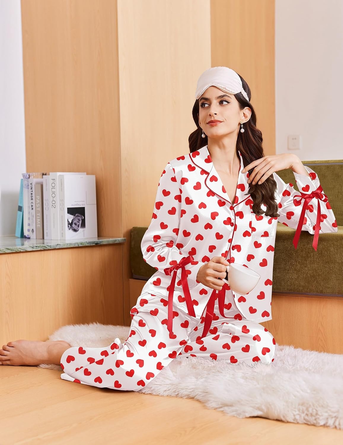image:imageEkouaer Women Classic Button Down Long Satin Pajamas Set Cute Bow SleepwearRed Heart