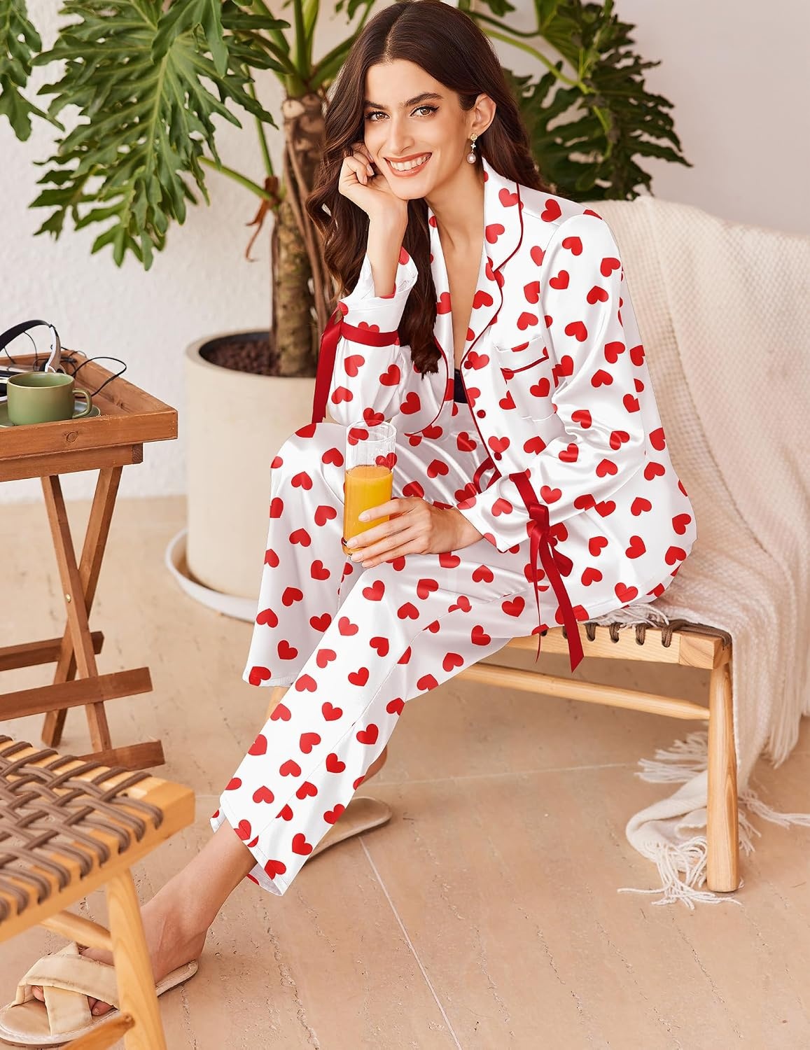 image:imageEkouaer Women Classic Button Down Long Satin Pajamas Set Cute Bow SleepwearRed Heart