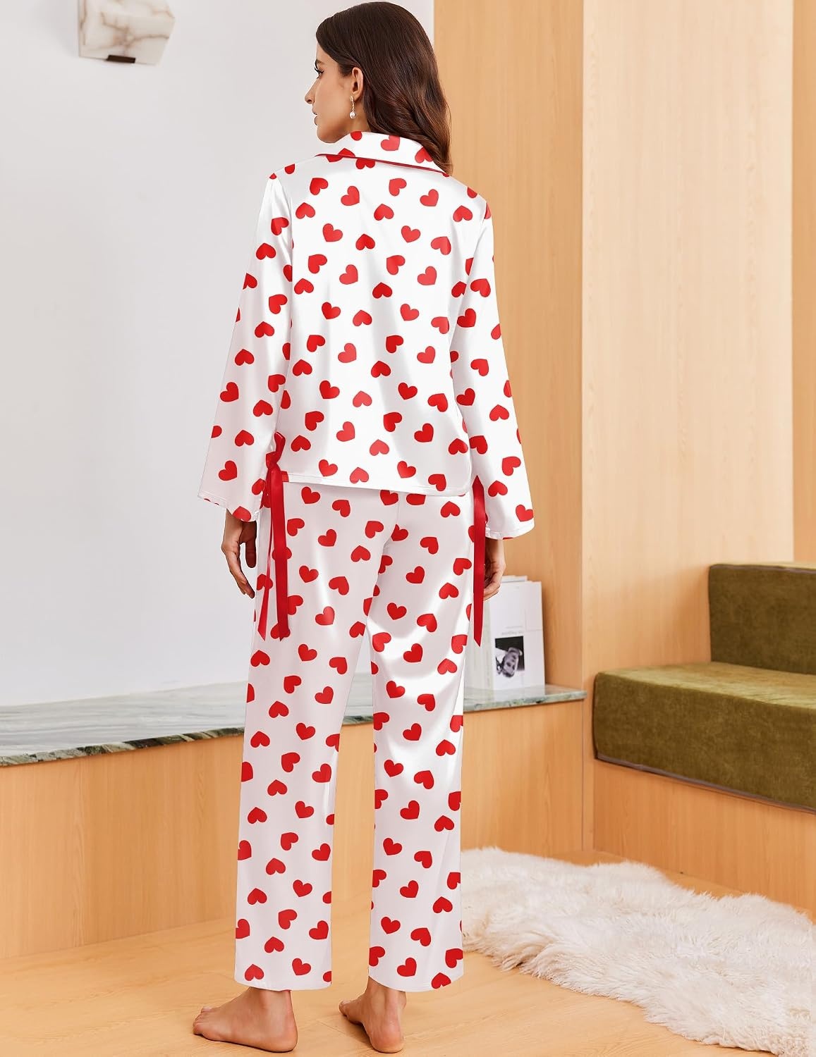 image:imageEkouaer Women Classic Button Down Long Satin Pajamas Set Cute Bow SleepwearRed Heart