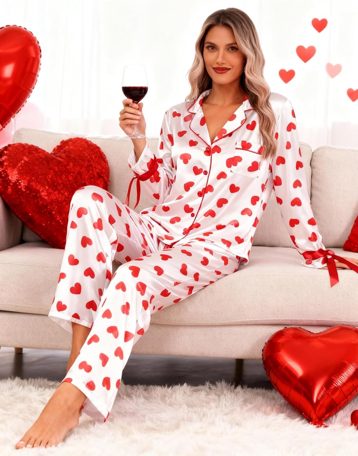image:imageEkouaer Women Classic Button Down Long Satin Pajamas Set Cute Bow SleepwearRed Heart