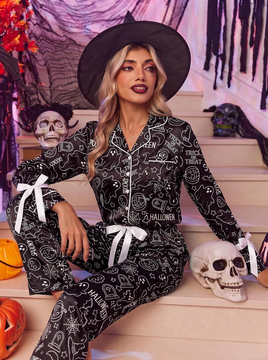image:imageEkouaer Women Classic Button Down Long Satin Pajamas Set Cute Bow SleepwearSpooky Sprite