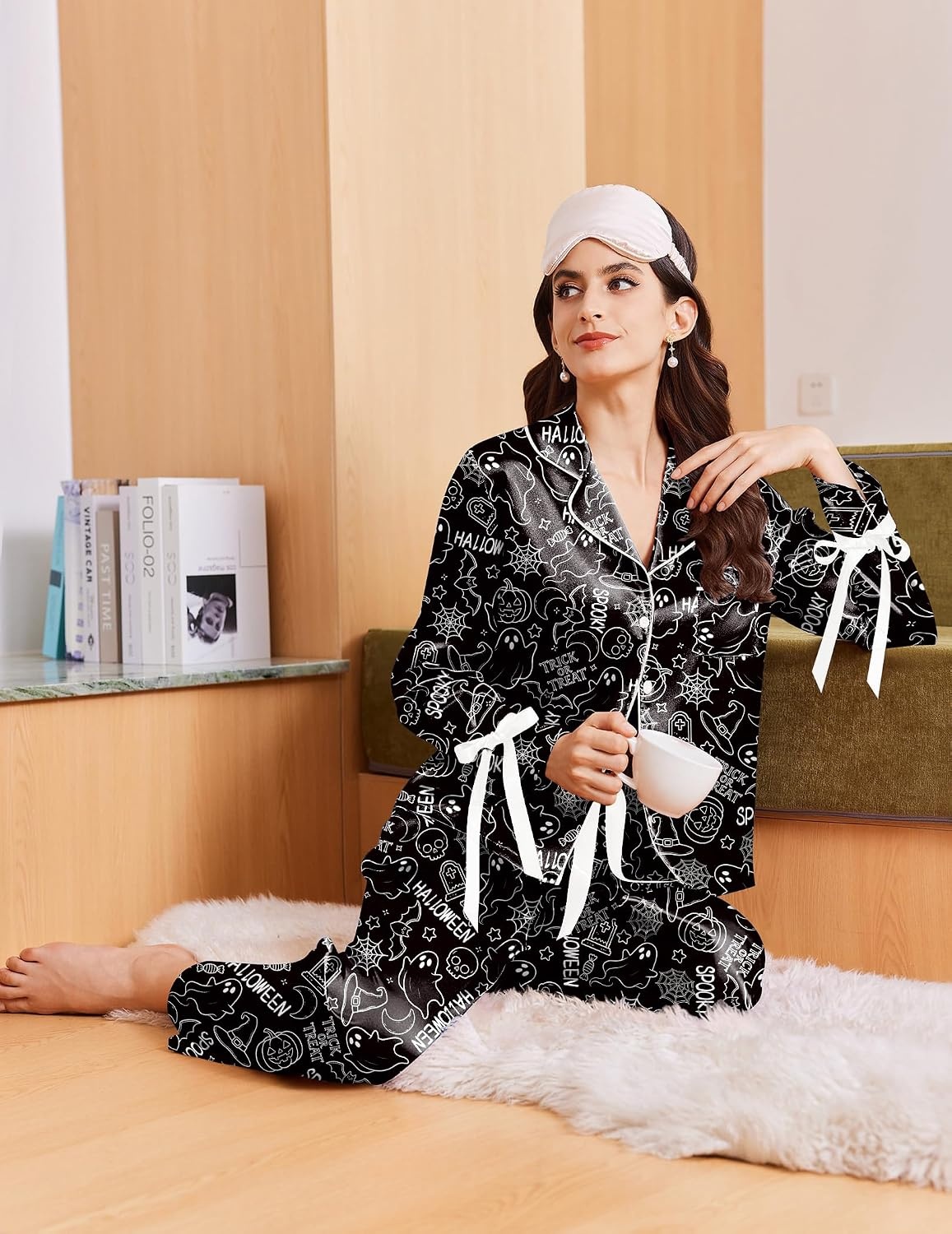 image:imageEkouaer Women Classic Button Down Long Satin Pajamas Set Cute Bow SleepwearSpooky Sprite