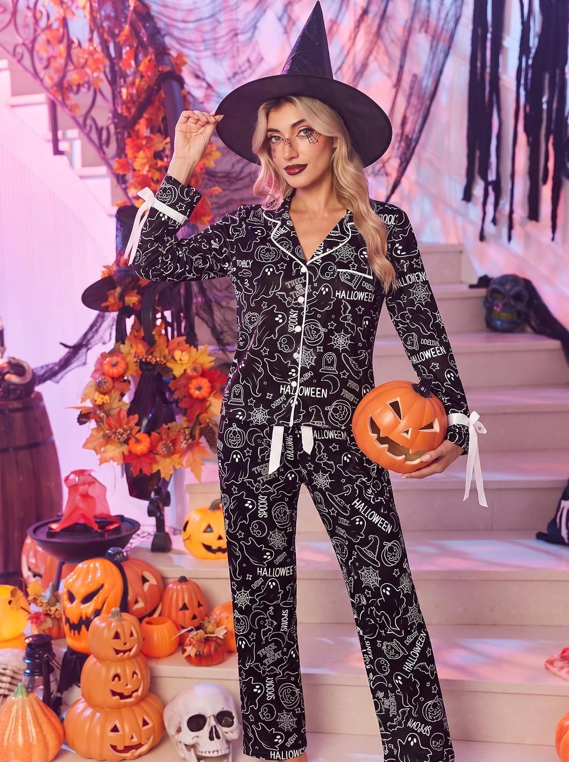 image:imageEkouaer Women Classic Button Down Long Satin Pajamas Set Cute Bow SleepwearSpooky Sprite