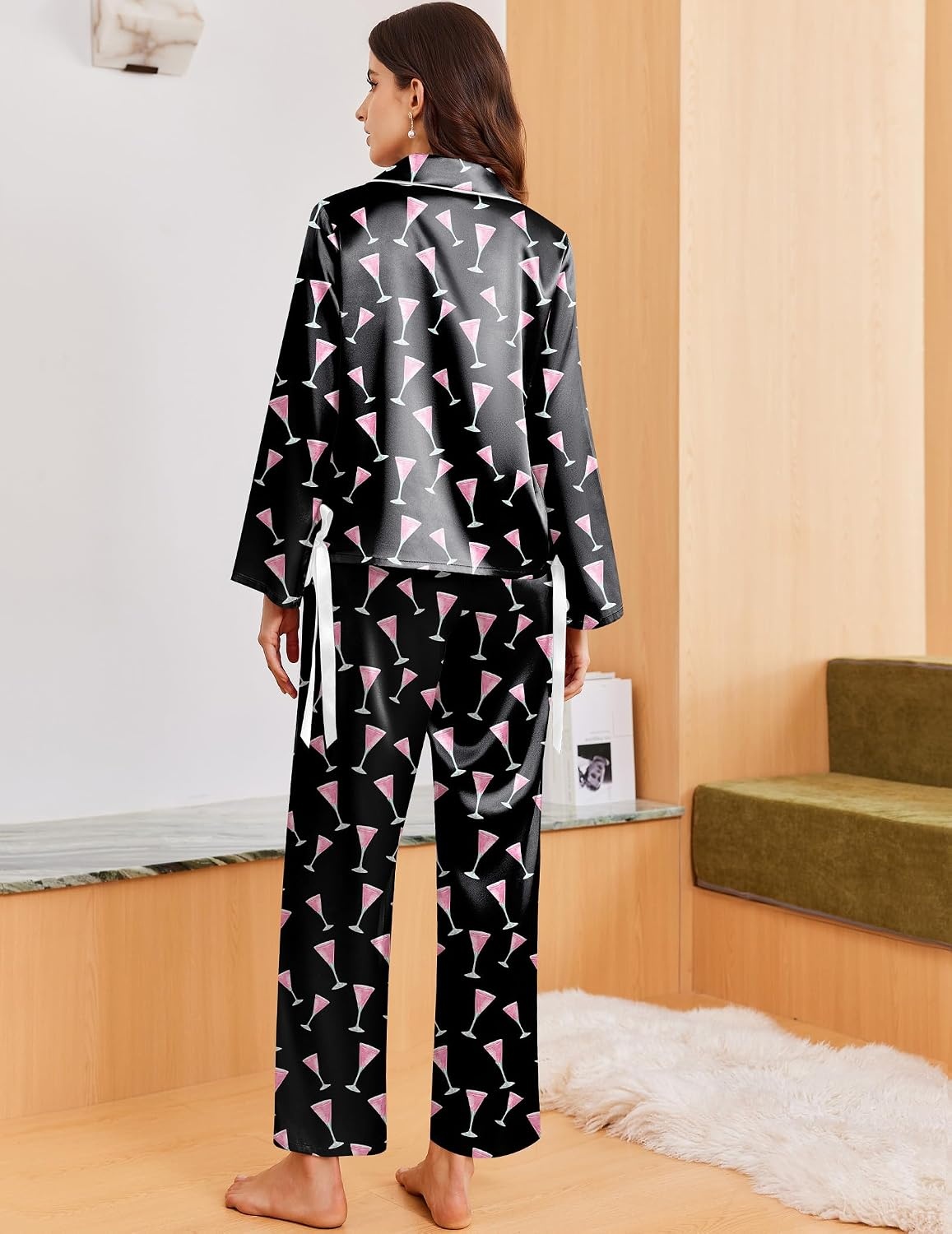 image:imageEkouaer Women Classic Button Down Long Satin Pajamas Set Cute Bow SleepwearWine Cups