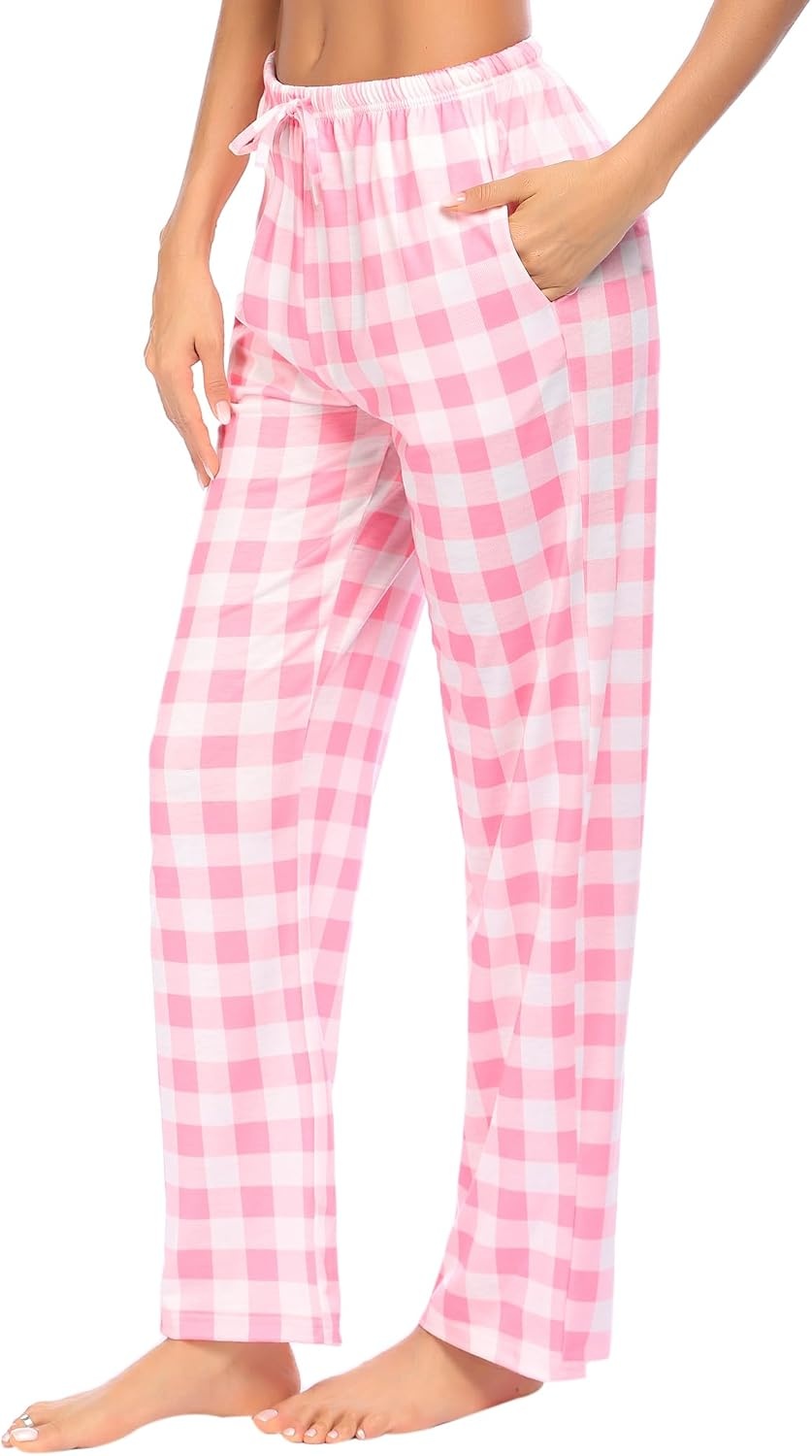 image:imageEkouaer Womens Pajama Pants Lounge Pants Soft Drawstring Pj BottomsLight Pink and White Plaid