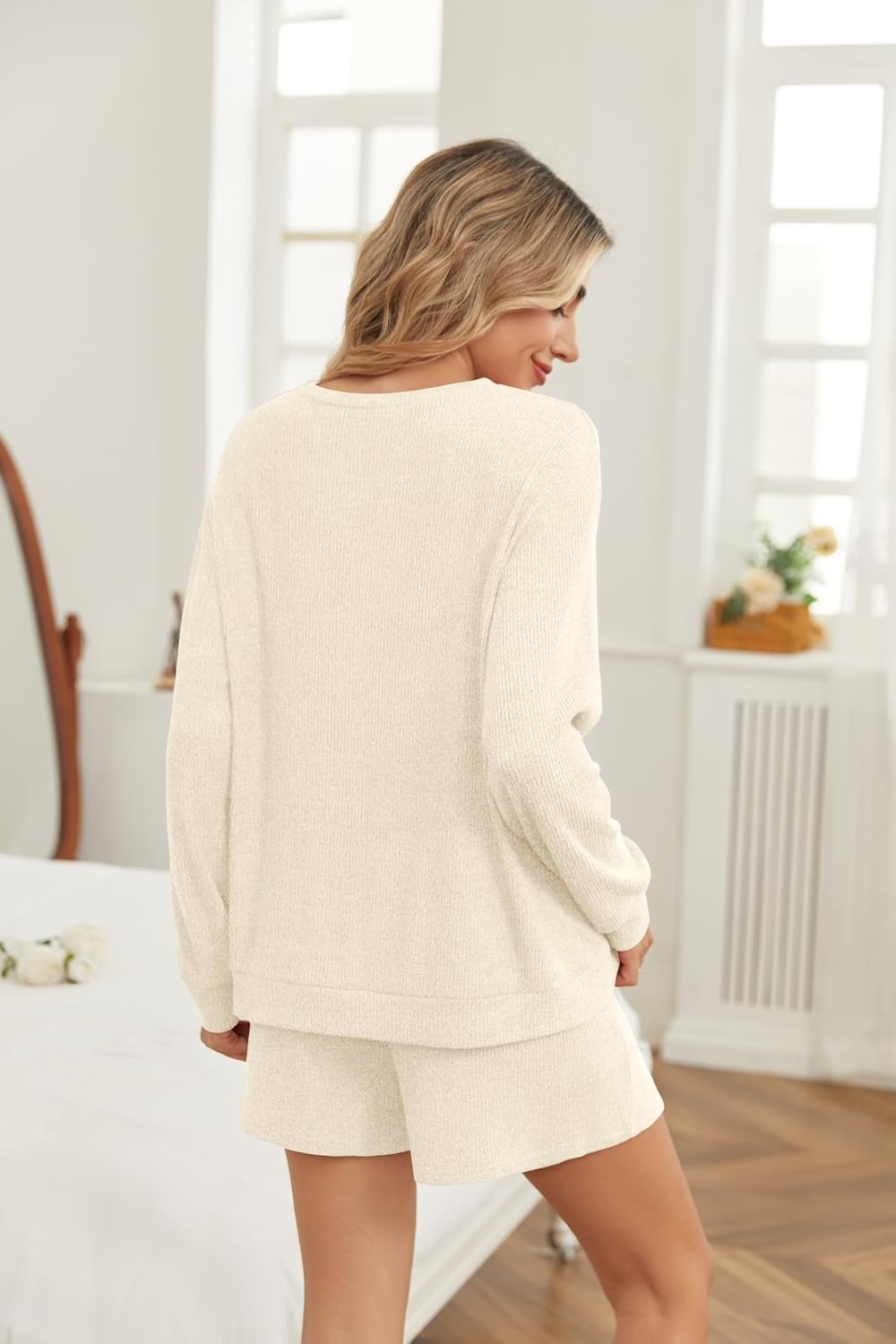 image:imageEkouaer Womens Pajama Sets Long Sleeve Top amp Shorts Matching Lounge SetBeige