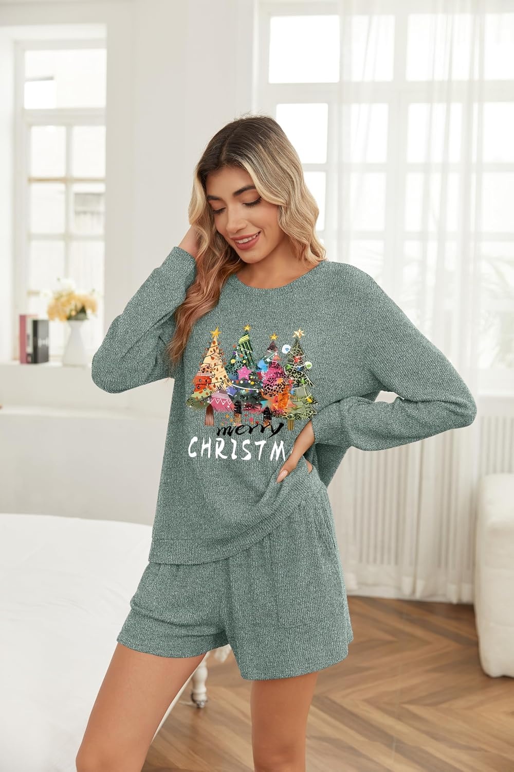 image:imageEkouaer Womens Pajama Sets Long Sleeve Top amp Shorts Matching Lounge SetGreen Christmas