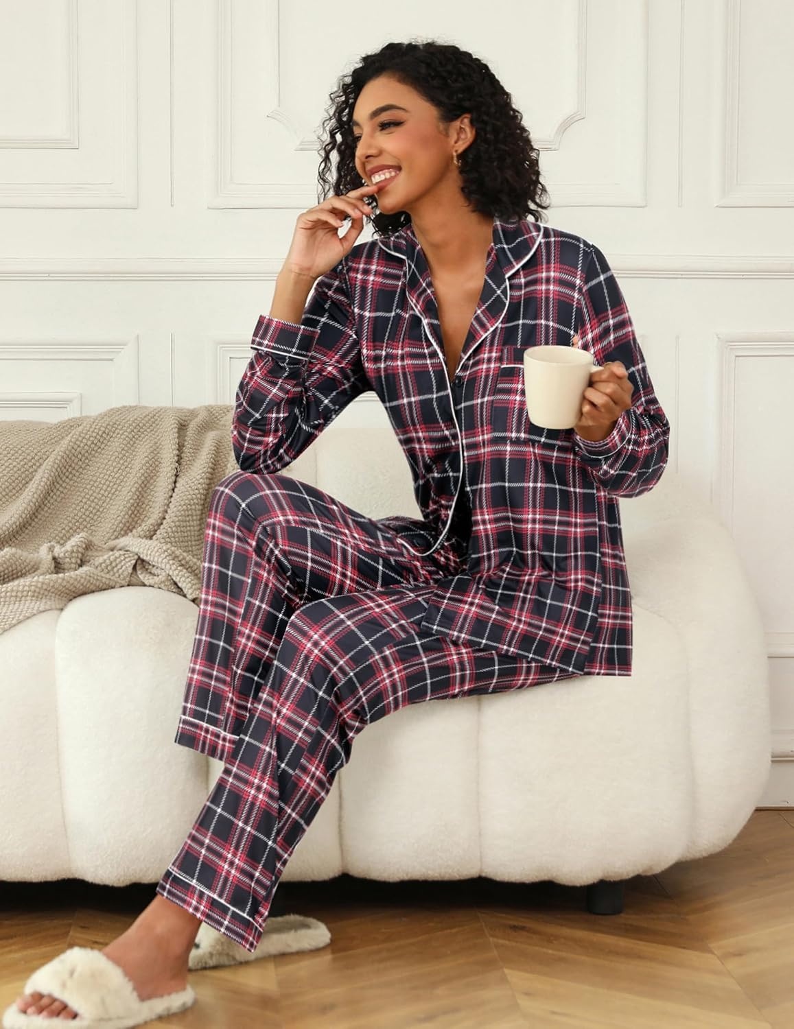image:imageEkouaer Womens Pajamas Set Button Down Long Sleeve Top amp Pants Lounge SetsBblack Plaid