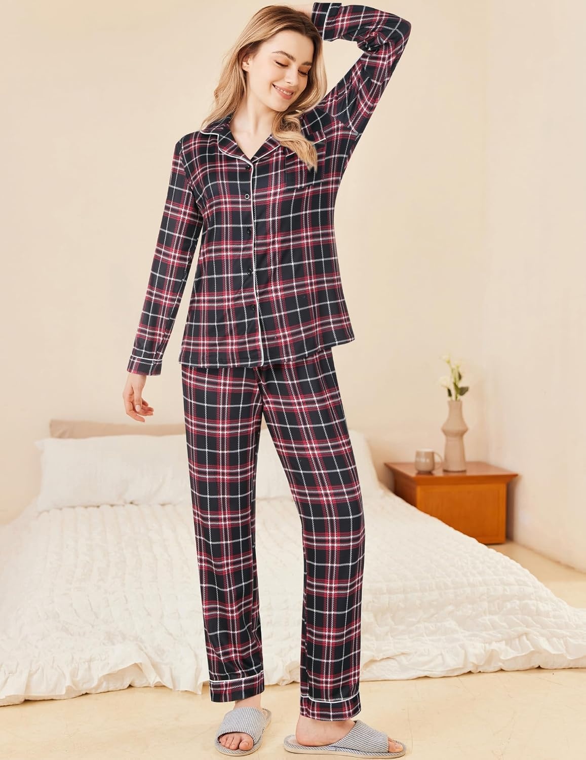 image:imageEkouaer Womens Pajamas Set Button Down Long Sleeve Top amp Pants Lounge SetsBblack Plaid